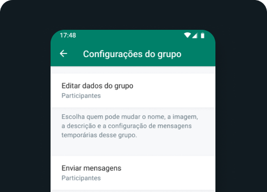 captura de tela do recurso de configurações de grupo no WhatsApp mostrando como editar informações em grupos e adicionar ou remover participantes