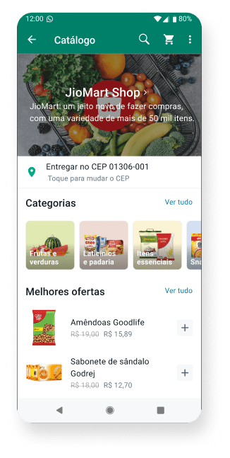 captura de tela do WhatsApp Business mostrando uma mercado online com produtos à venda