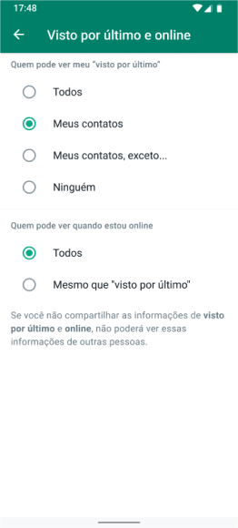 captura de tela do recurso visto por último e online no app WhatsApp