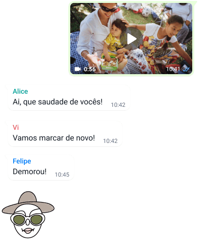 captura de tela do recurso de conversa em grupo do WhatsApp, incluindo troca de fotos e mensagens