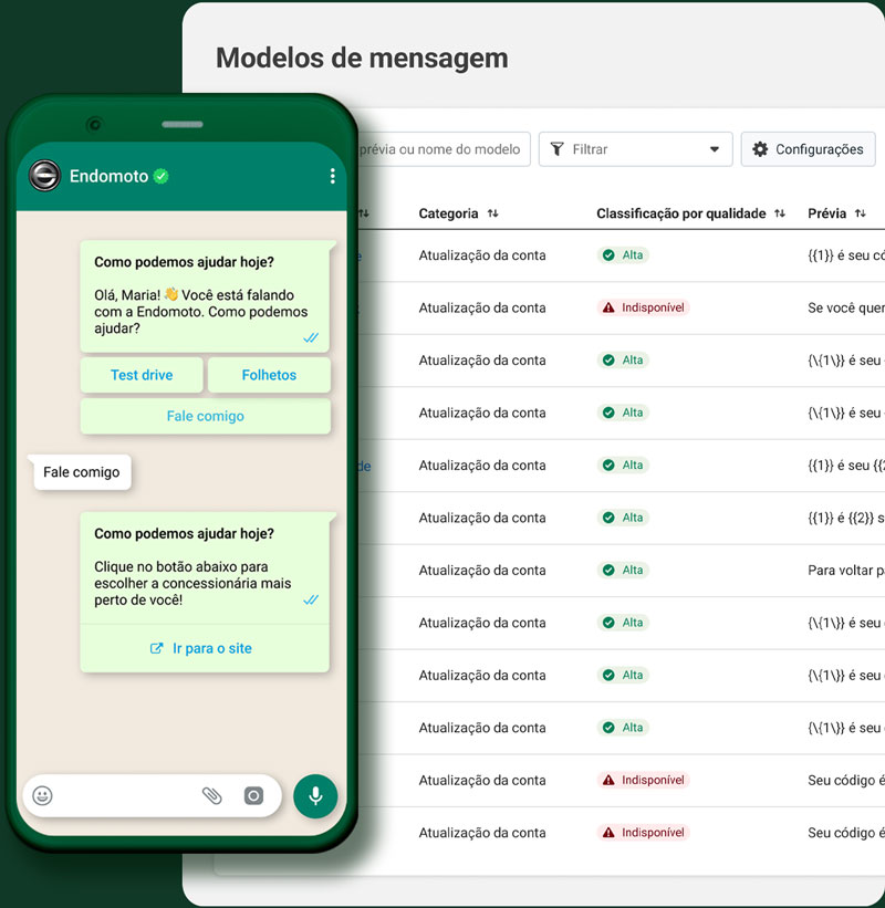 Captura de tela de modelos de mensagem e de troca de mensagens no WhatsApp pelo celular