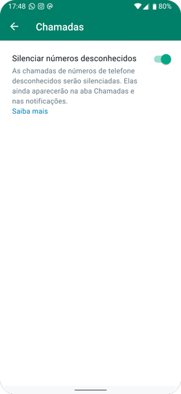 captura de tela do recurso de silenciamento de ligações desconhecidas no app WhatsApp