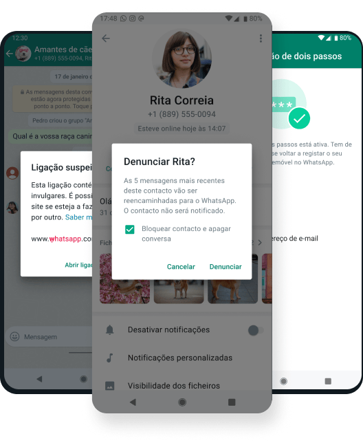 captura de tela do recurso de bloqueio e exclusão de segurança e proteção no app WhatsApp